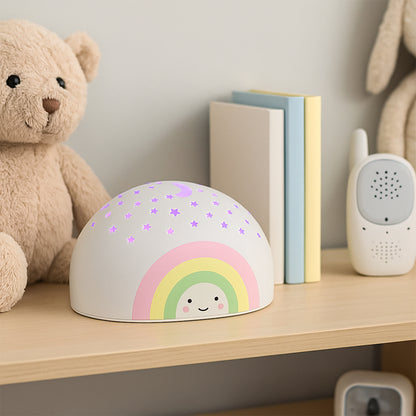 Wukusy rainbow projector LED night light for kids, illuminating colorful rainbow patterns on a child's bedroom wall.