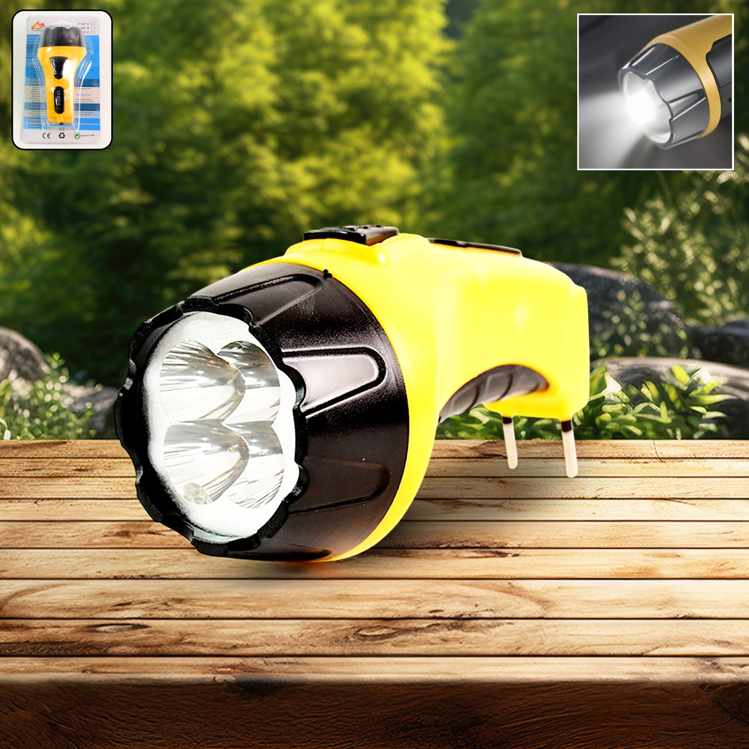Wukusy rechargeable LED torch flashlight with high power, handheld design, emergency light, and built-in plug for home improvement use.
