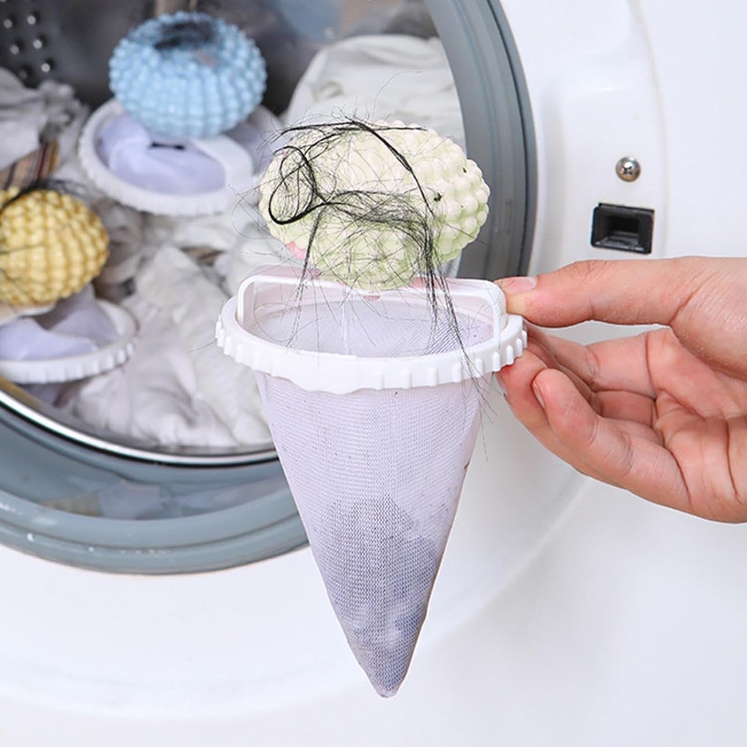 Wukusy reusable cylindrical lint mesh bag for washing machines, designed to trap lint and debris during laundry.