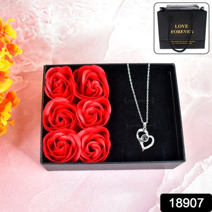 Handmade eternal rose flower gift box with I Love You necklace, perfect for Valentine's Day, by Wukusy.