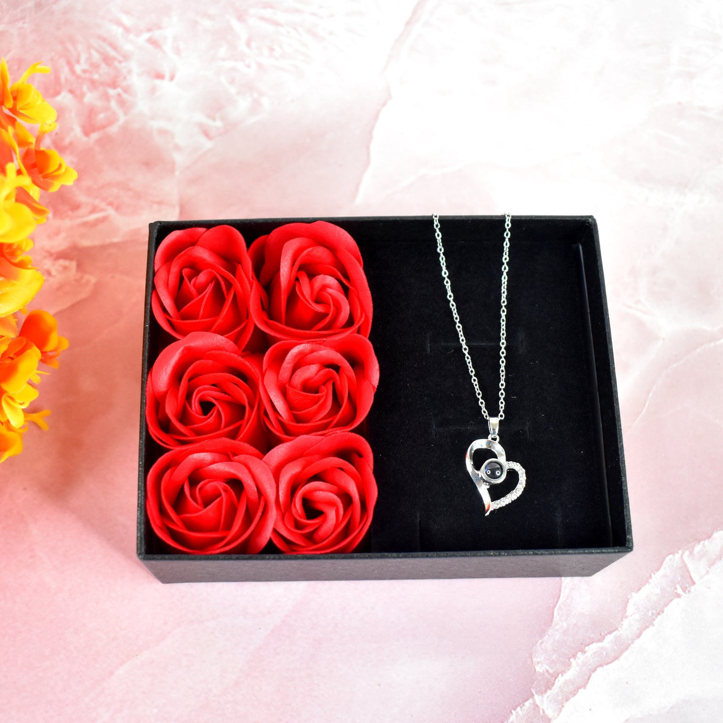 Handmade eternal rose flower gift box with I Love You necklace, perfect for Valentine's Day, by Wukusy.