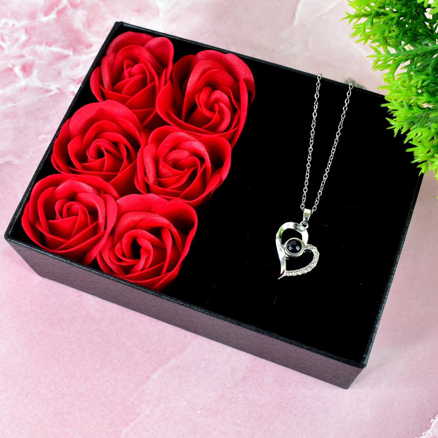 Handmade eternal rose flower gift box with I Love You necklace, perfect for Valentine's Day by Wukusy.