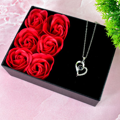 Handmade eternal rose flower gift box with I Love You necklace, perfect for Valentine's Day by Wukusy.