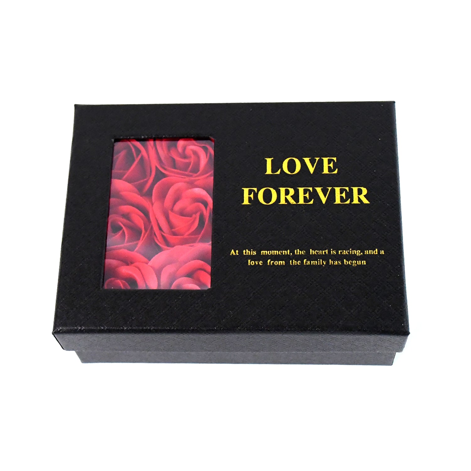 Wukusy handmade eternal rose gift box with I Love You necklace, perfect for Valentine's Day, featuring a beautiful preserved rose and jewelry.