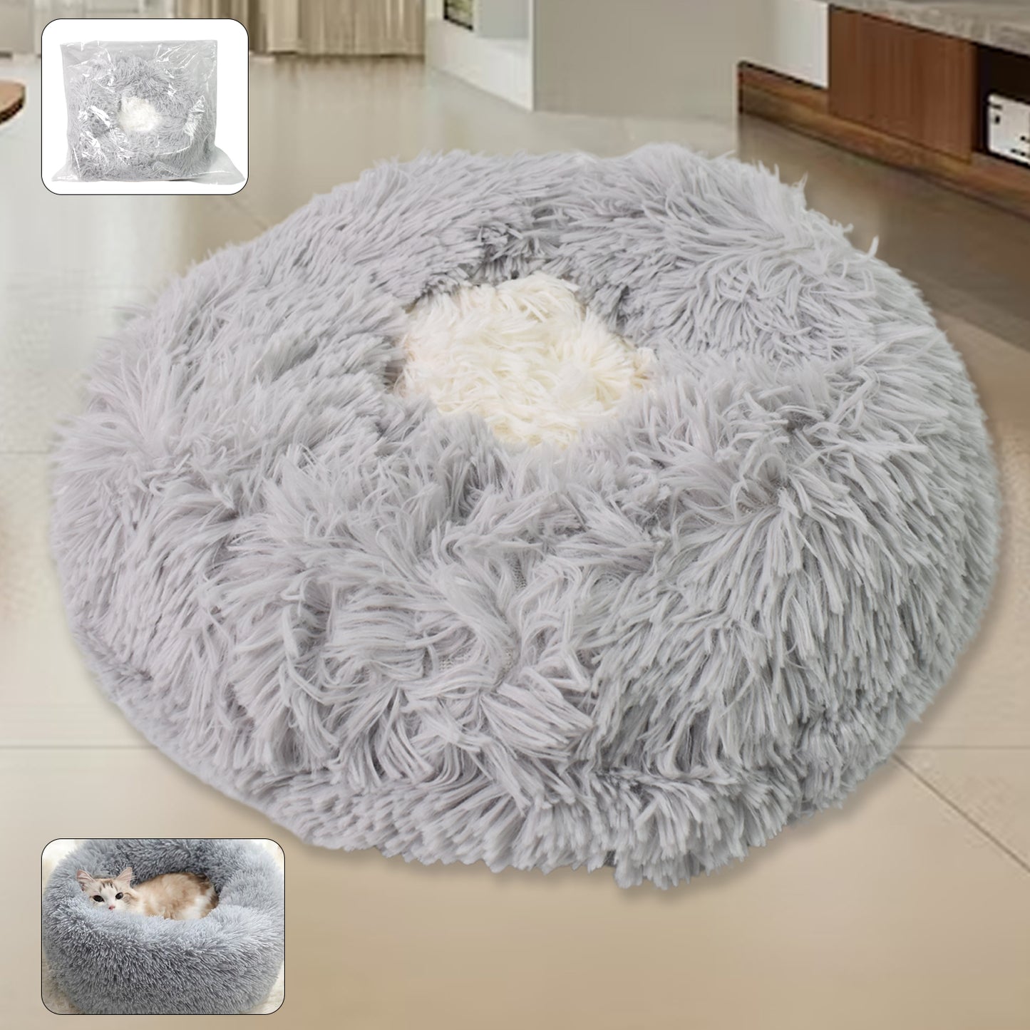 Wukusy round dog bed for small and medium dogs and cats, soft and cozy pet resting bed in neutral color.