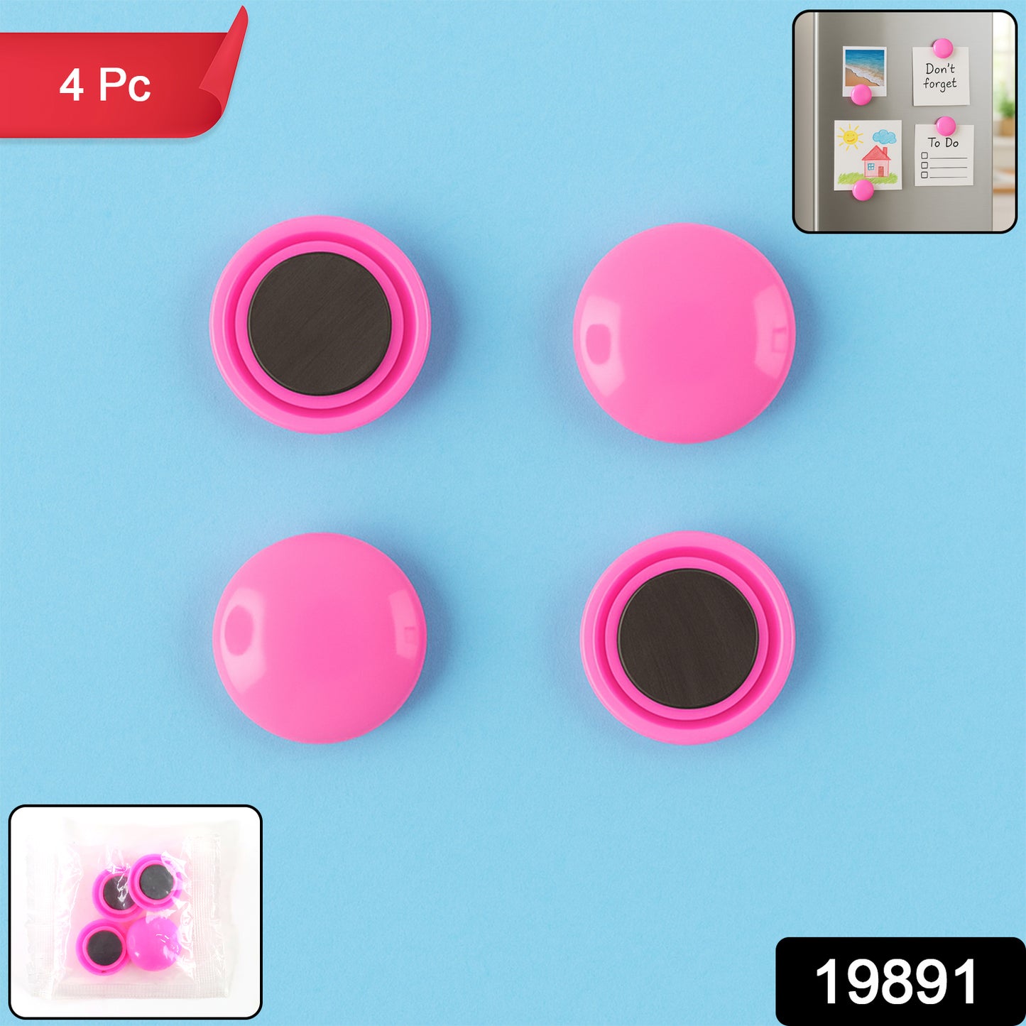 Set of four round Wukusy fridge magnets for home improvement, colorful and decorative, attached to a refrigerator door.