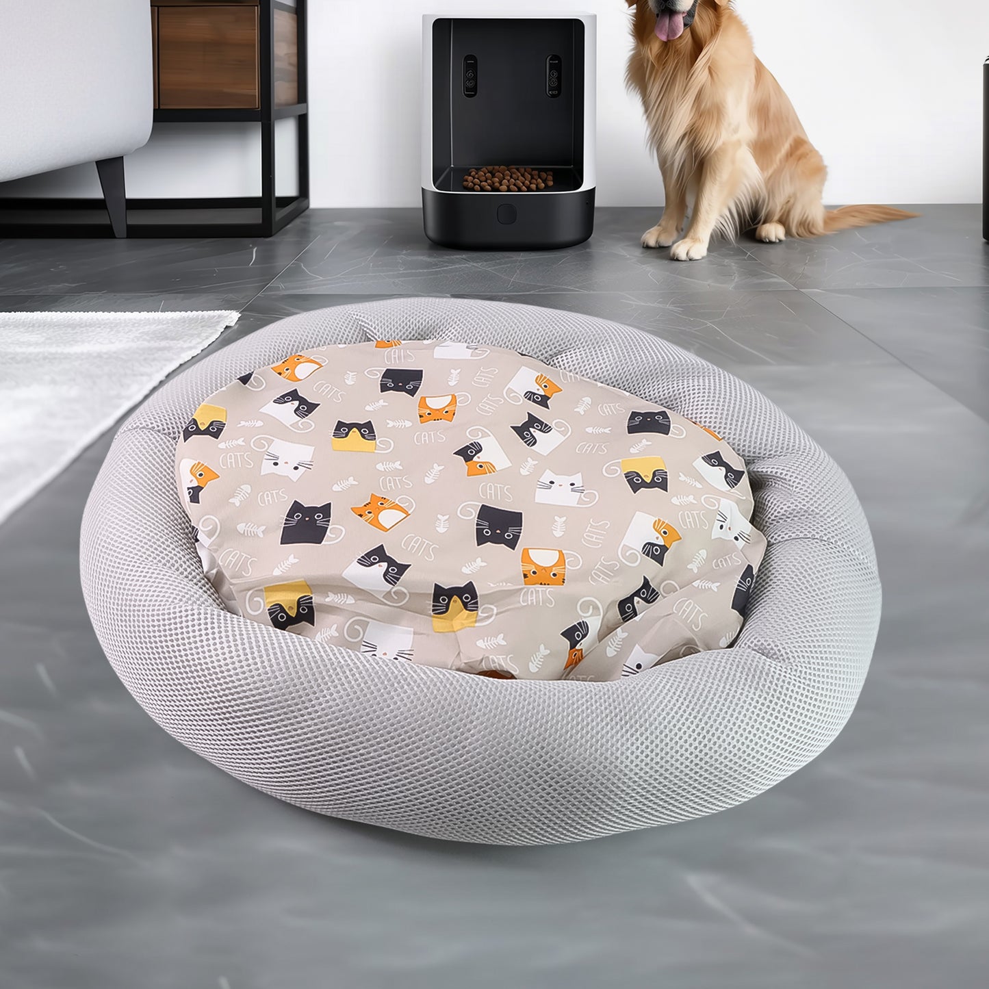 Round plush cat bed with cartoon cat print cushion, soft and cozy, perfect for small cats or kittens.