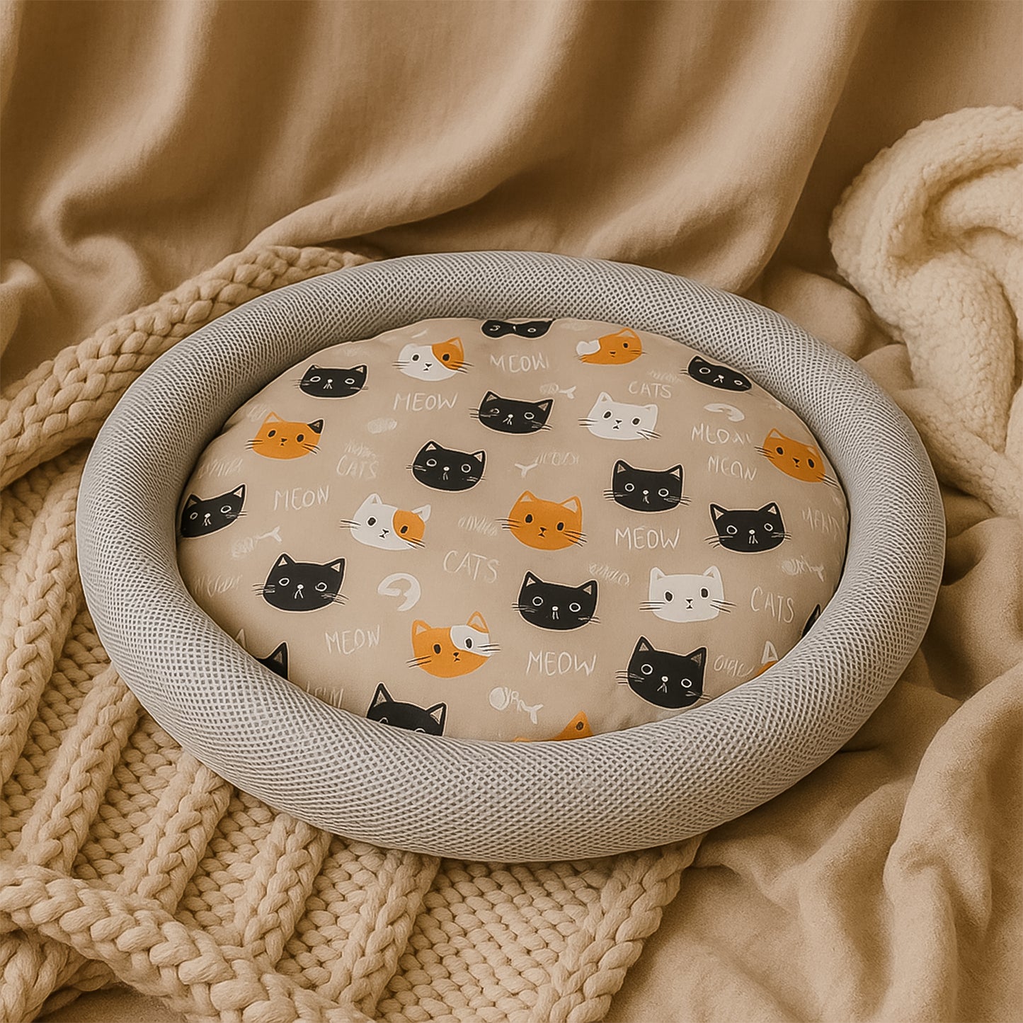 Soft plush round cat bed by Wukusy with cartoon cat print cushion, cozy and comfortable for pets.