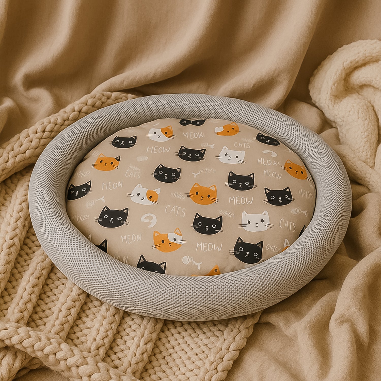 Soft plush round cat bed by Wukusy with cartoon cat print cushion, cozy and comfortable for pets.