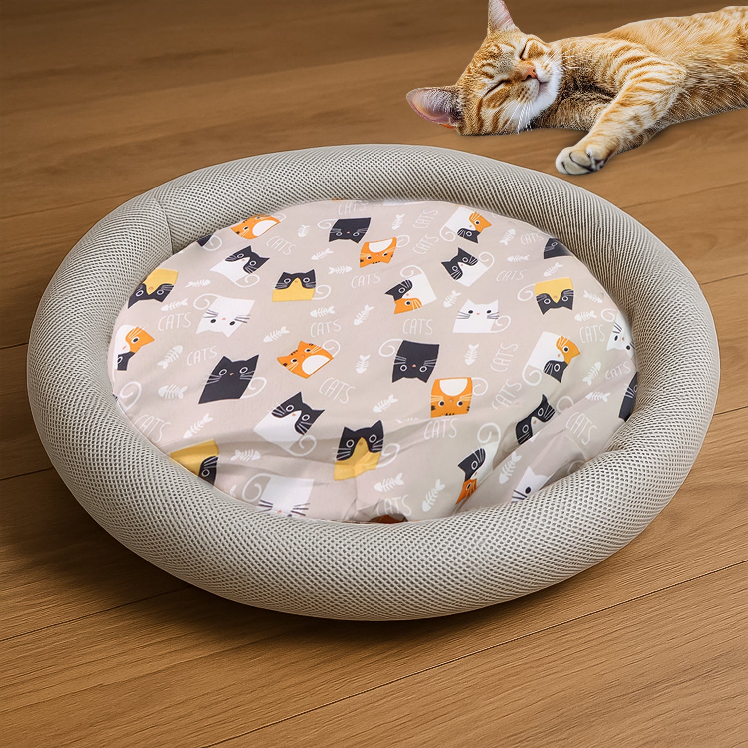 Round plush cat bed with cartoon cat print cushion, soft and cozy, perfect for small pets from Wukusy.
