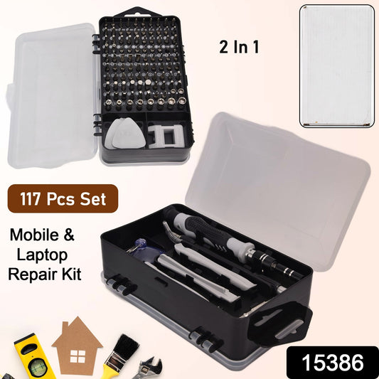 Wukusy 117-piece electronic screwdriver repair tool kit for laptops and mobiles, including precision screwdrivers and plastic pry tools.