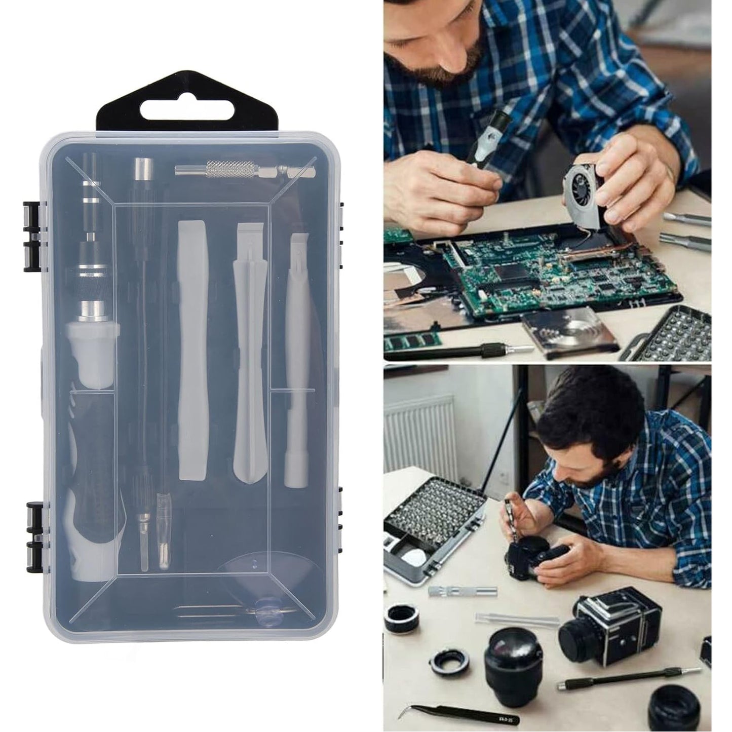 Wukusy electronic screwdriver repair tool kit with 117 pieces for laptops and mobile devices, including screwdrivers and repair tools.