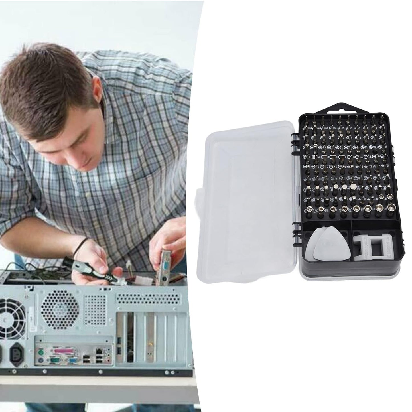 Wukusy 117-piece electronic screwdriver repair tool kit for laptops and mobile devices, with various screwdrivers and precision tools.