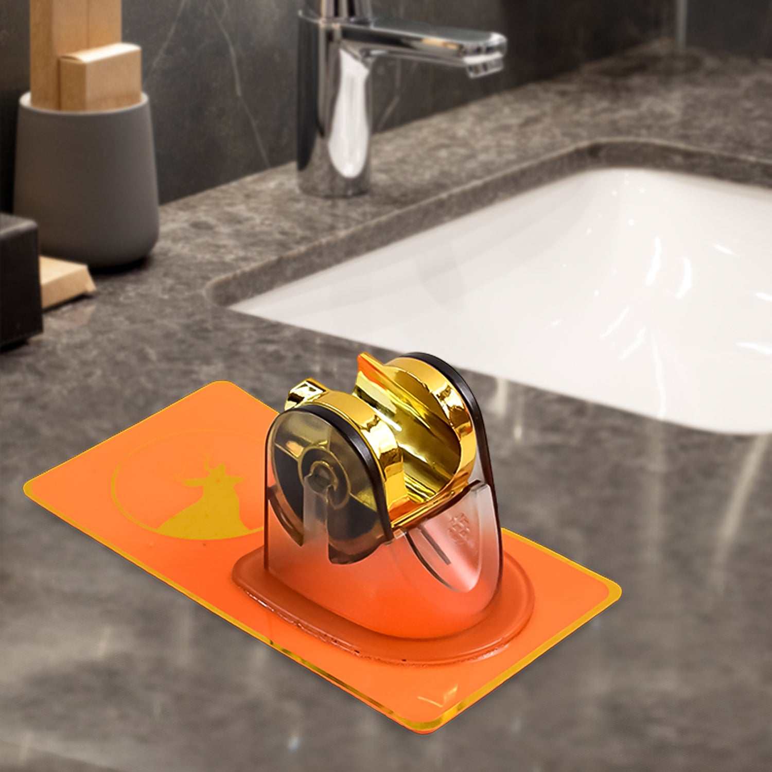 Wukusy self-adhesive adjustable shower head holder mounted on bathroom wall holding a shower head for easy use.
