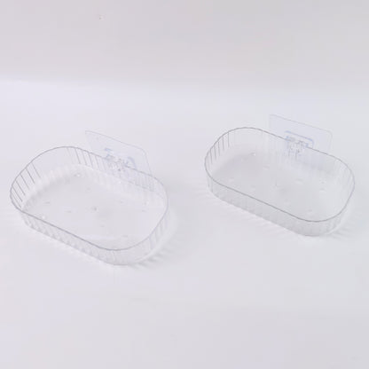 Two transparent, wall-mounted soap dish holders with self-adhesive backing from Wukusy for home improvement.