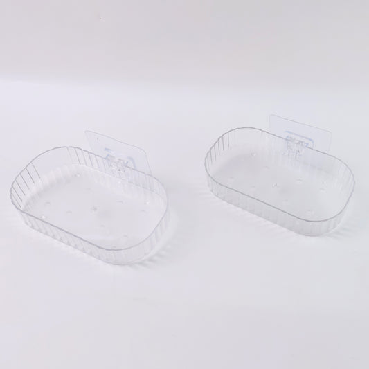 Two transparent, wall-mounted soap dish holders with self-adhesive backing from Wukusy for home improvement.