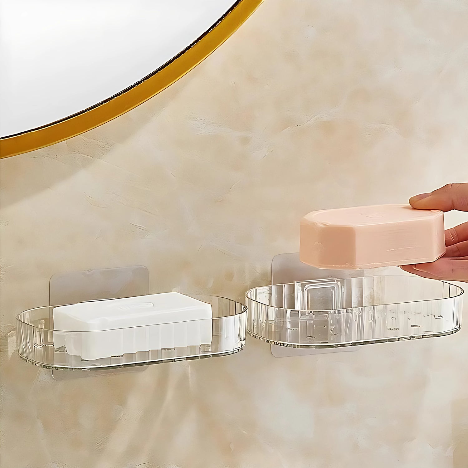 Two transparent wall-mounted soap dish holders with self-adhesive backing, designed for easy bathroom installation by Wukusy.