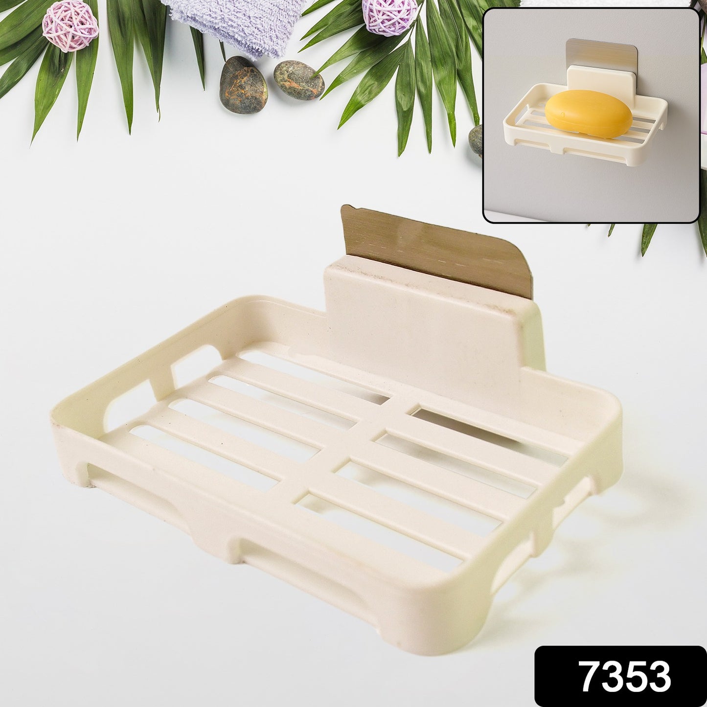 Wukusy self-adhesive plastic soap dish with drain slots mounted on bathroom wall for easy soap drainage and storage.