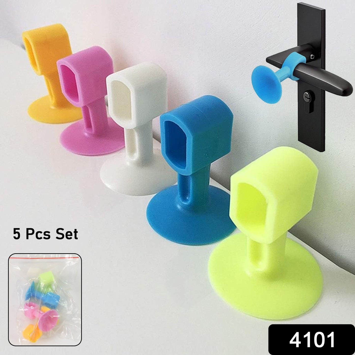 Set of five Wukusy self-sucking silicone door stoppers for home improvement, designed to hold doors securely in place.