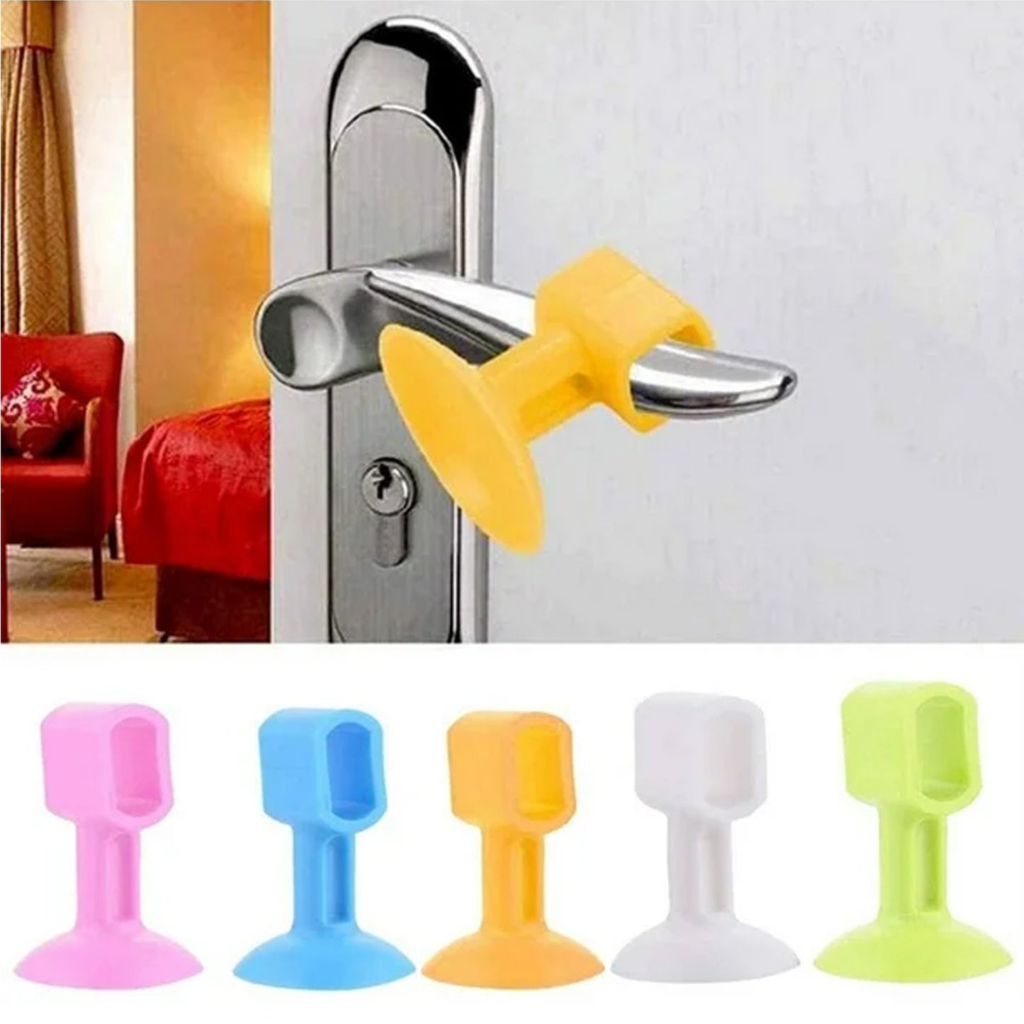 Set of five Wukusy self-sucking silicone door stoppers for home improvement, shown in various positions on a door.