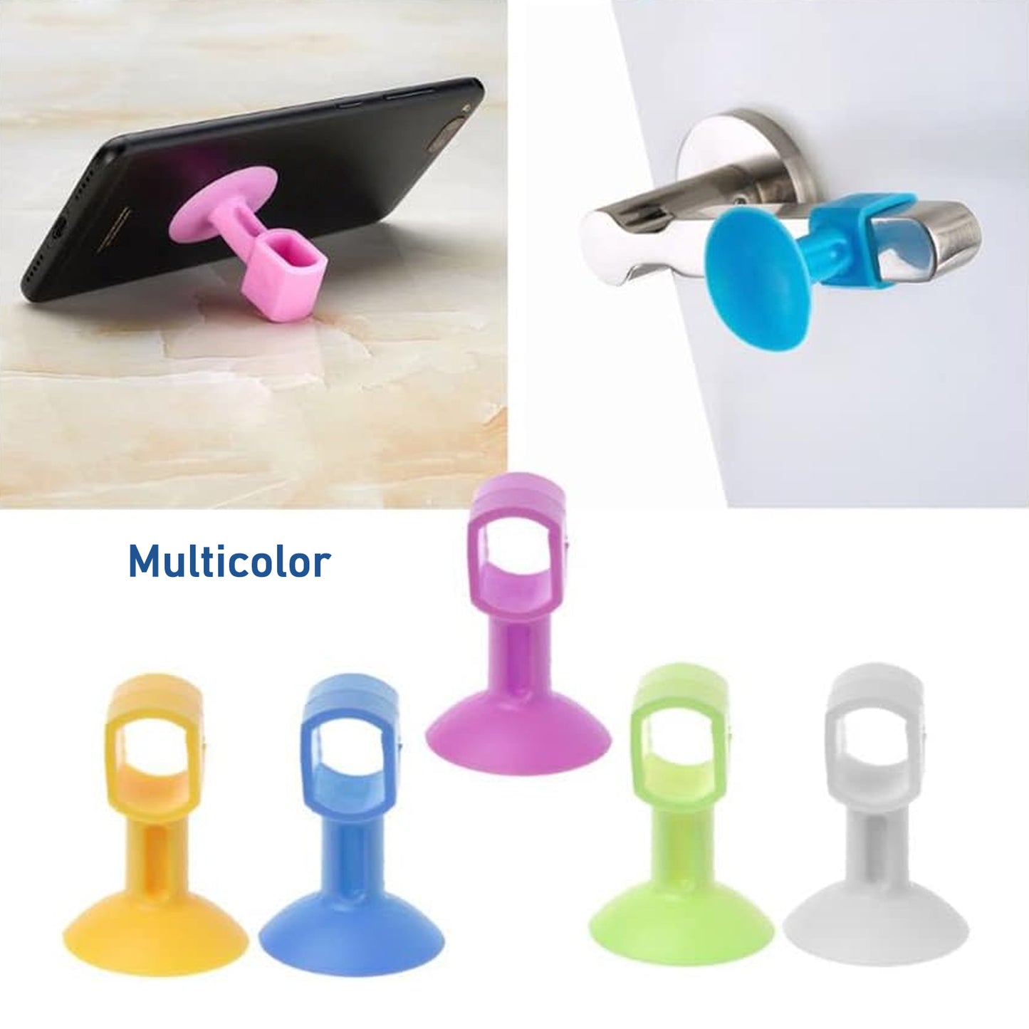 Set of five Wukusy self-sucking silicone door stoppers for home improvement, shown in various positions on a door.