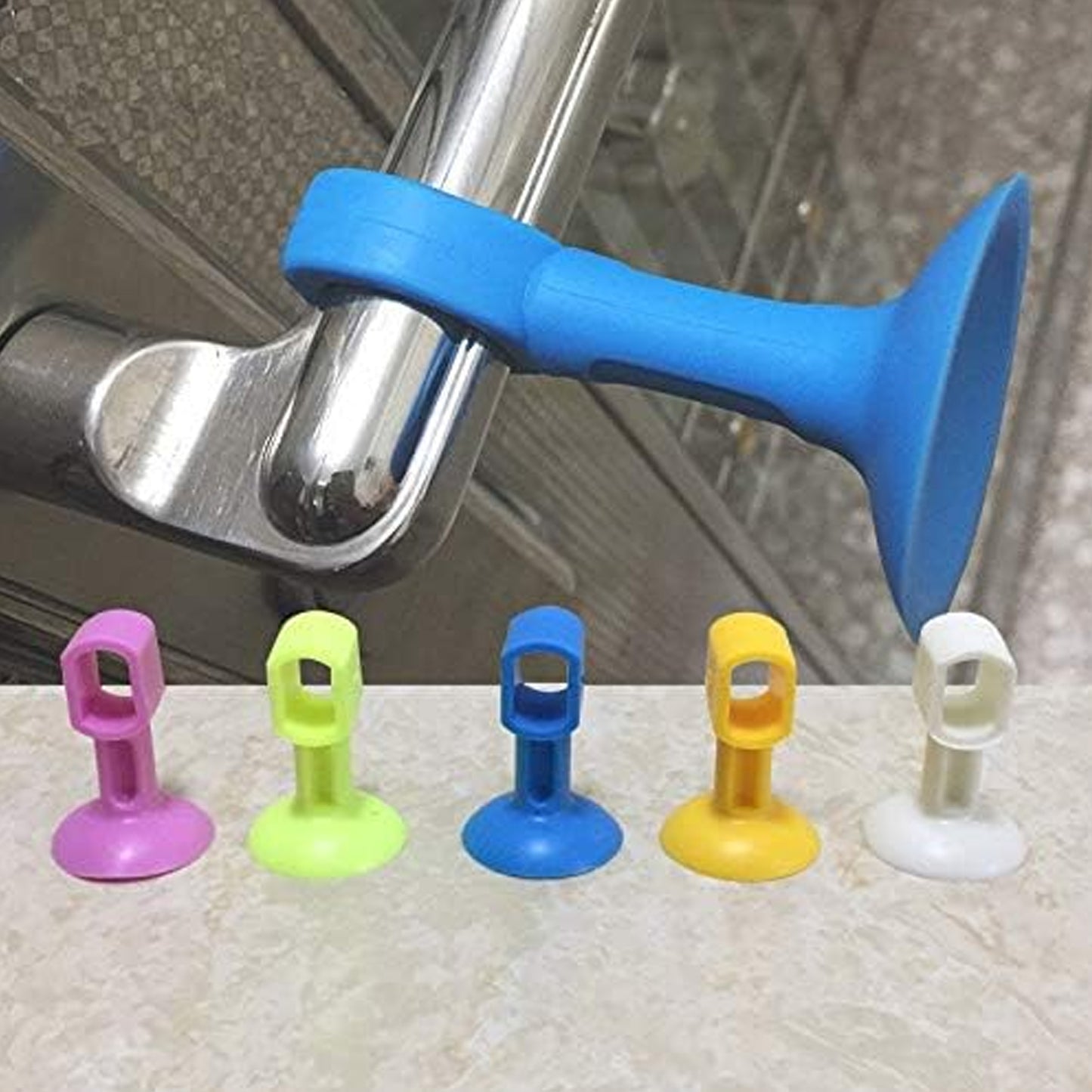 Set of five Wukusy self-sucking silicone door stoppers for home improvement, designed to hold doors securely in place.