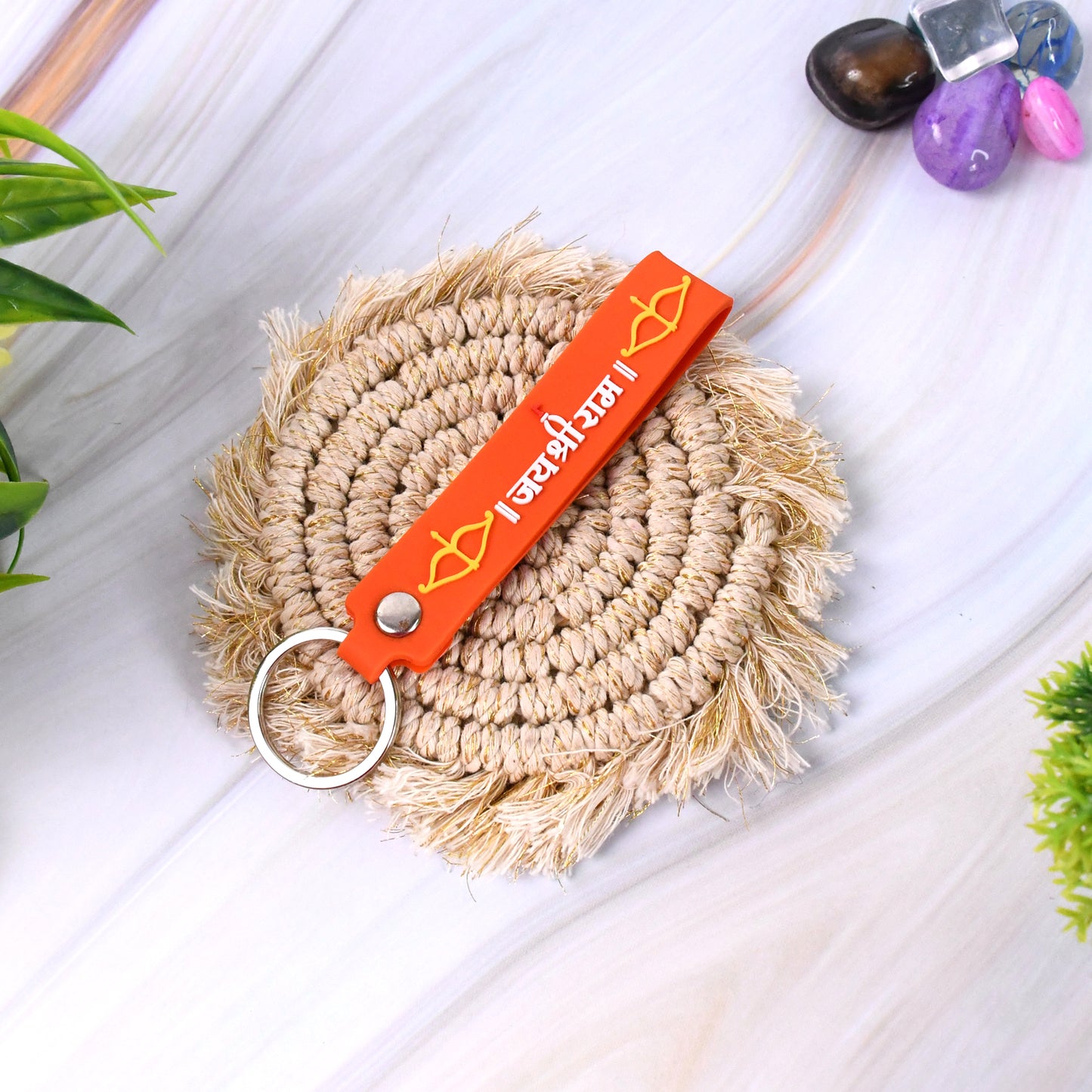 Silicone Jai Shree Ram keychain by Wukusy, featuring religious symbol and vibrant design, suitable for home improvement or accessories.