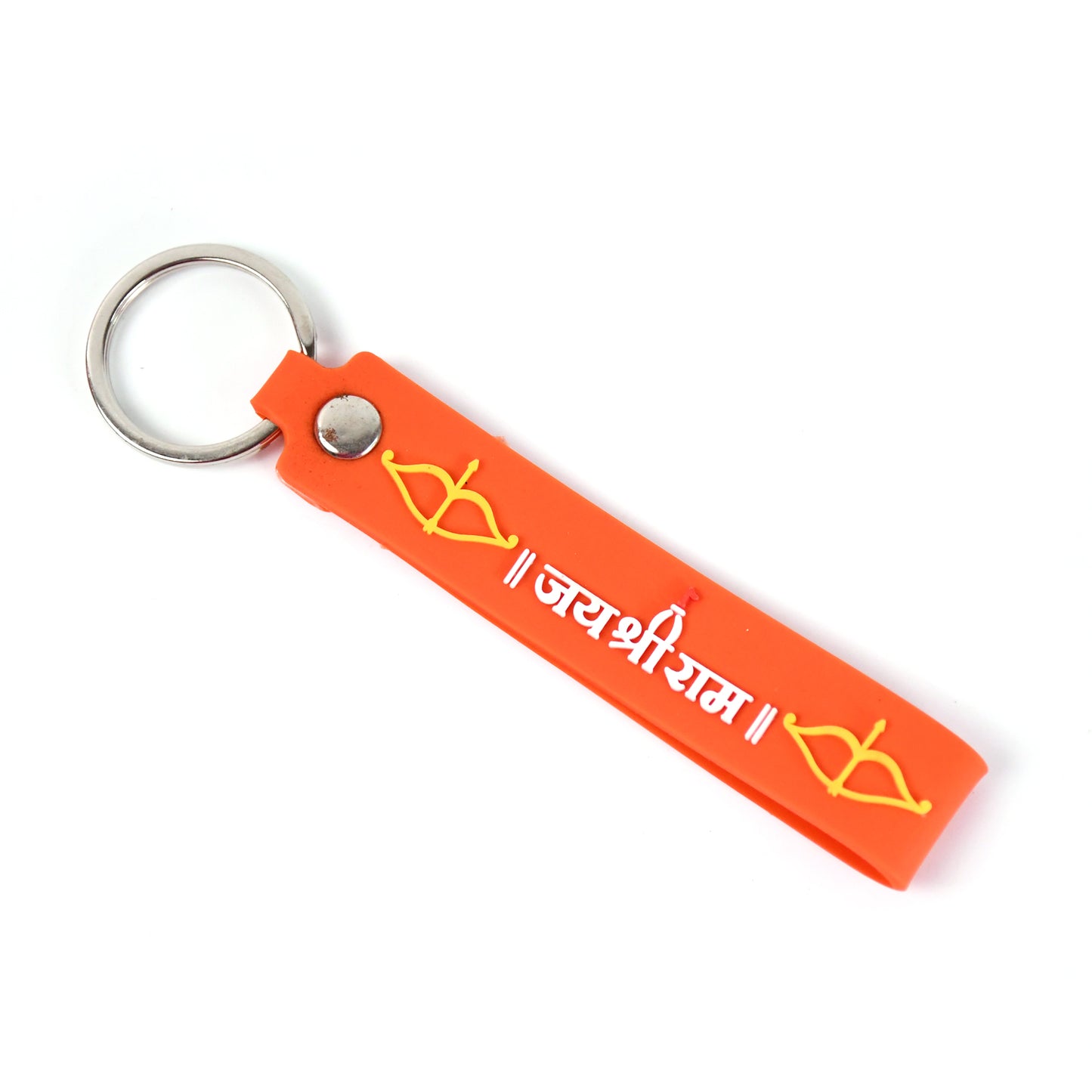 Silicone Jai Shree Ram keychain by Wukusy featuring a detailed Ram symbol, ideal for home improvement and as a spiritual accessory.