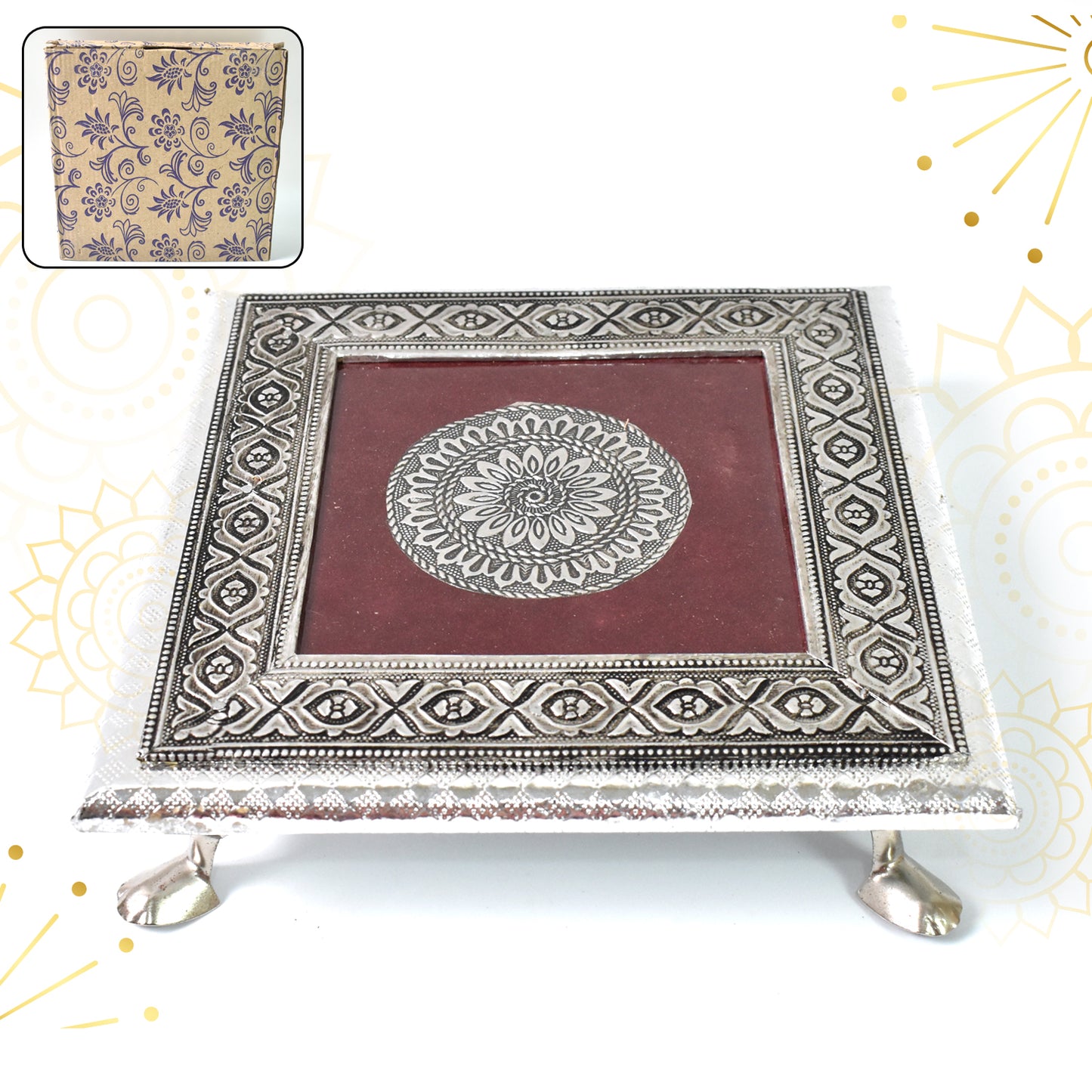 Silver square Pooja Chowki Patla Bajot for home, made by Wukusy, featuring a sleek design and 2020 cm size in the image.