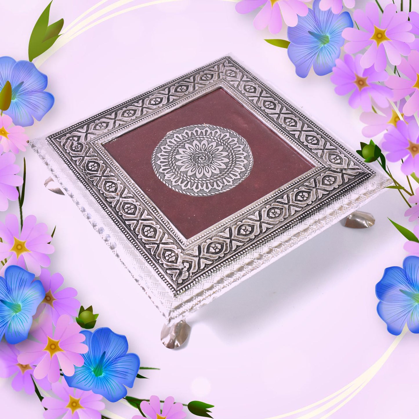 Silver square Pooja Chowki Patla Bajot from Wukusy, 2020 cm, home improvement, showing a sleek, rectangular silver platform.