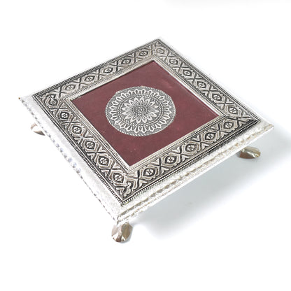 Silver square Pooja Chowki Patla Bajot from Wukusy, 2020 cm, for home improvement, shown as a sleek, polished square platform.