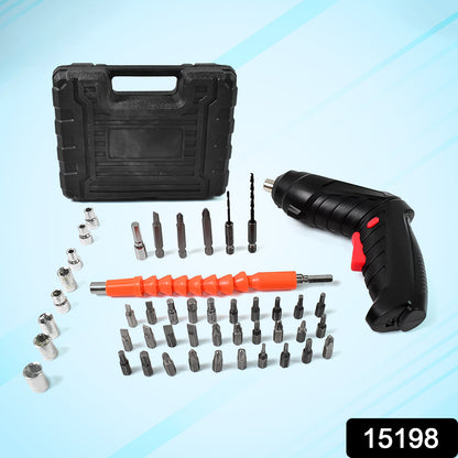 Wukusy small screwdriver with LED light and 48-piece screwdriver bit set for home improvement tasks, organized on a workbench.