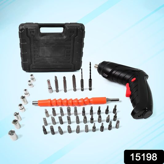 Wukusy small screwdriver with LED light and 48-piece screwdriver bit set for home improvement tasks, organized on a workbench.