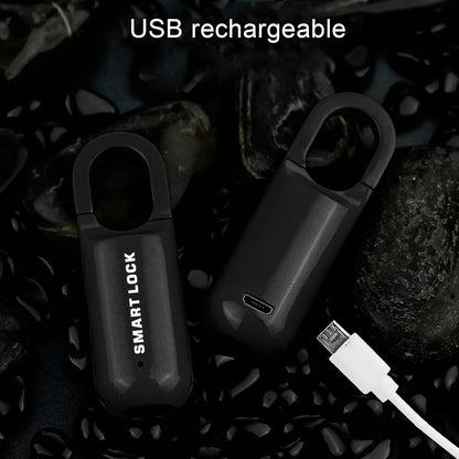 Wukusy small USB rechargeable smart fingerprint padlock for lockers, with digital fingerprint scanner and compact design.
