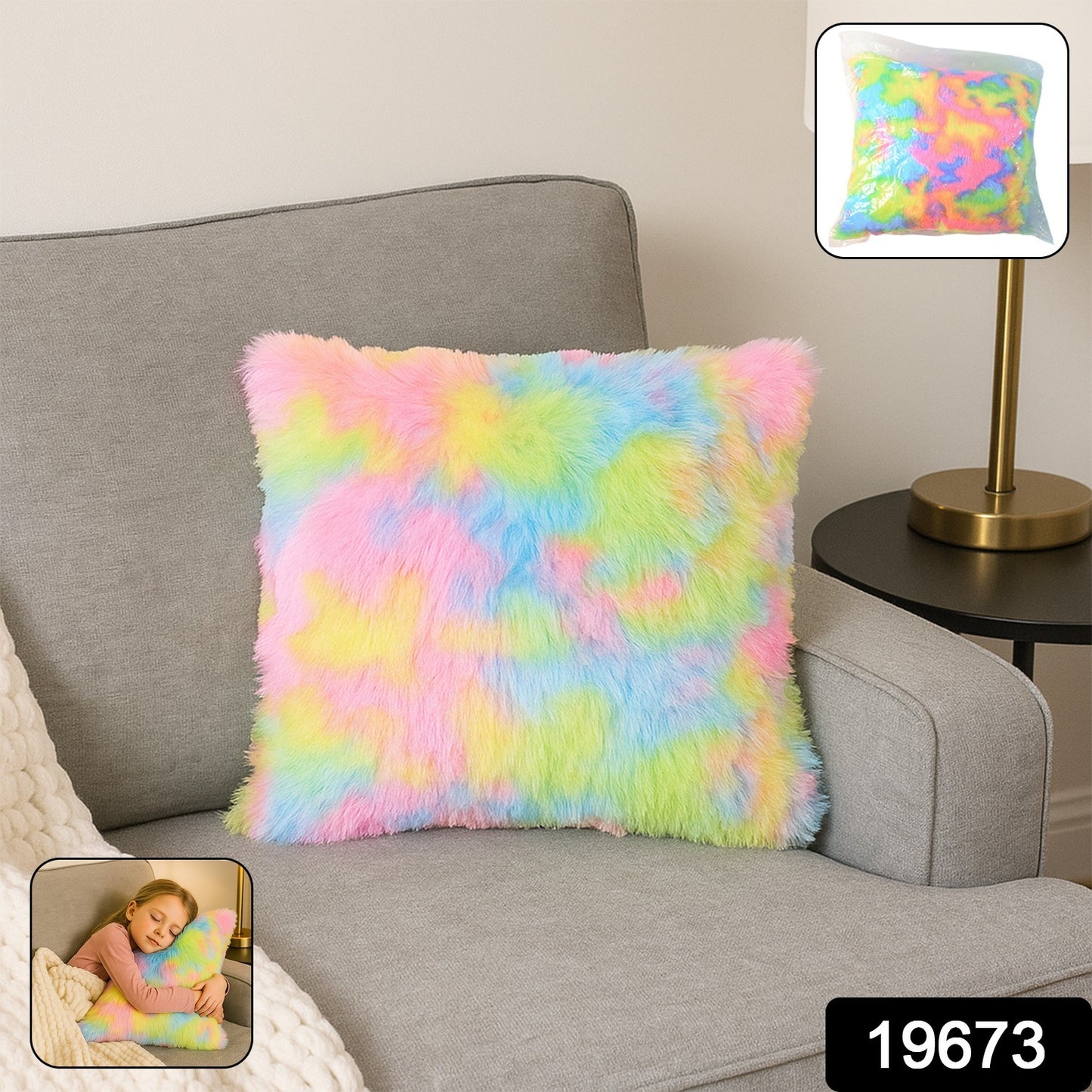 Soft plush multicolor rainbow cushion pillow by Wukusy, perfect for home decor, featuring vibrant rainbow colors and a cozy design.