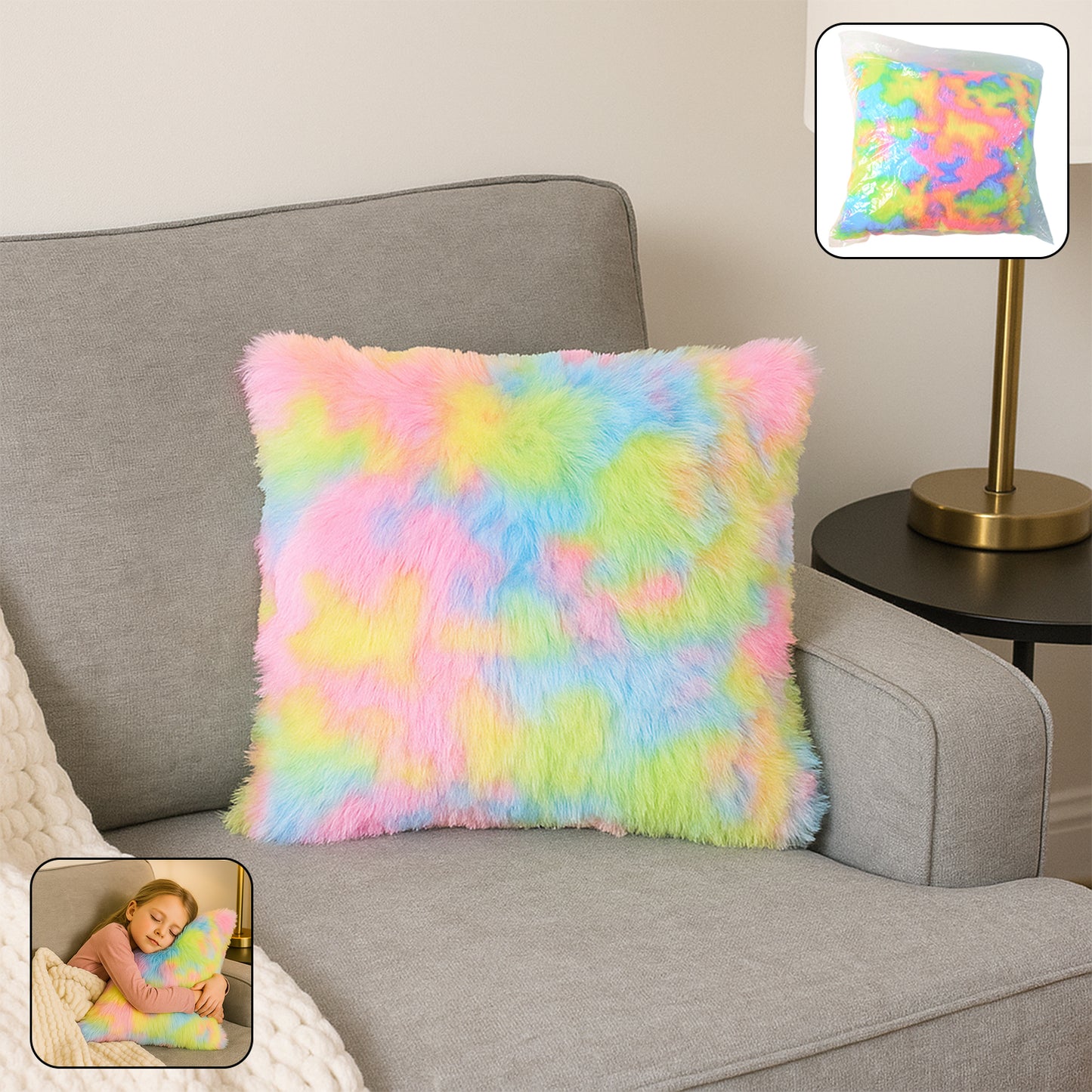 Soft plush multicolor rainbow cushion pillow by Wukusy, cozy home decor accent, featuring vibrant rainbow design and comfortable filling.