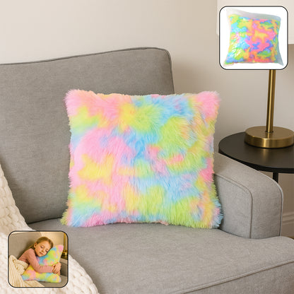 Soft plush multicolor rainbow cushion pillow by Wukusy, cozy home decor accent, featuring vibrant rainbow design and comfortable filling.