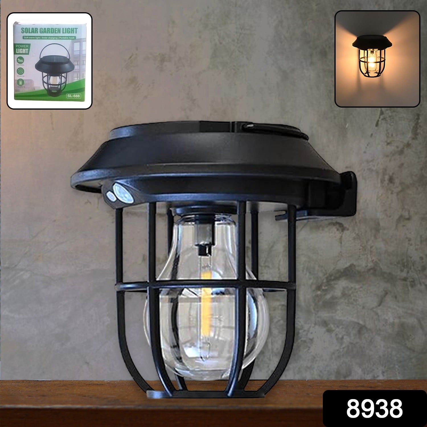 Wukusy solar lantern wall light fixture with motion sensor, outdoor home improvement lighting, mounted on exterior wall.