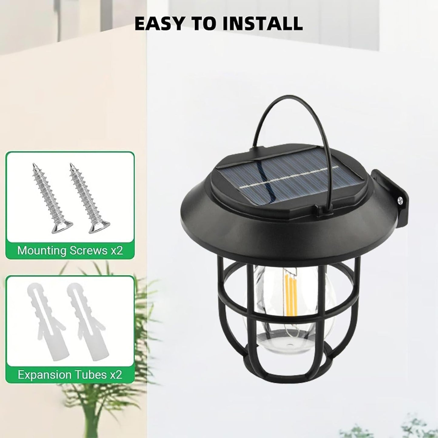 Wukusy solar lantern wall light with motion sensor, outdoor home improvement fixture, illuminated during dusk and nighttime.