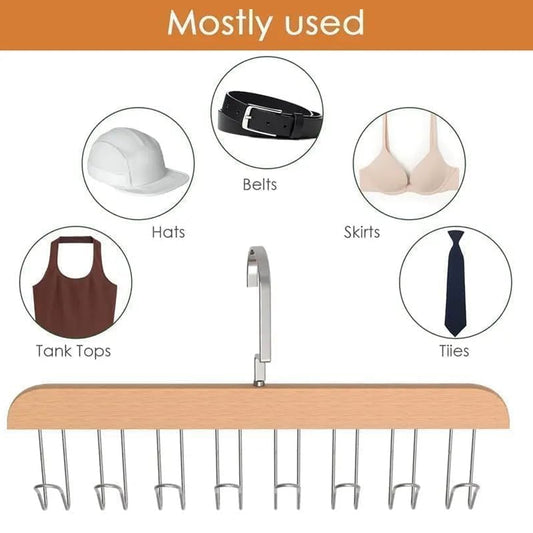 Wukusy space-saving wooden hanger with 8 hooks and included hanging hook for organized clothing storage.
