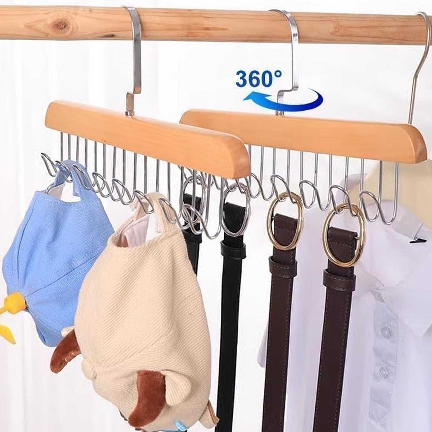 Wukusy space-saving wooden hanger with 8 hooks and hanging hook included, ideal for organizing clothing and accessories.