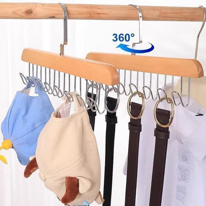 Wukusy space-saving wooden hanger with 8 hooks and hanging hook included, ideal for organizing clothing and accessories.