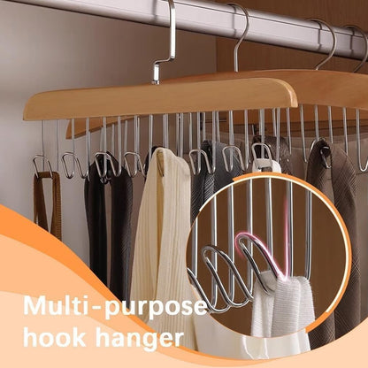 Wukusy space-saving wooden hanger with 8 hooks and hanging hook included, ideal for organizing clothes and accessories at home.