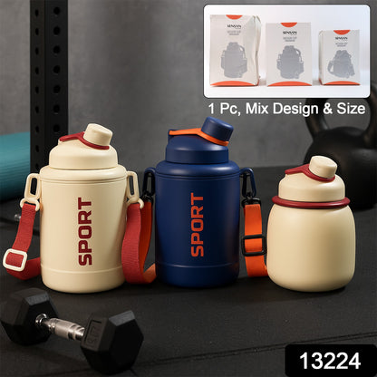 Wukusy sports vacuum bottle with shoulder strap, stylish mix design, ideal for outdoor activities and staying hydrated on the go.