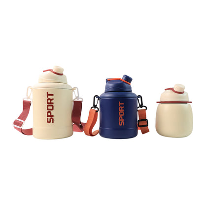 Wukusy sports vacuum bottle with shoulder strap, stylish mix design, ideal for outdoor hydration and travel.