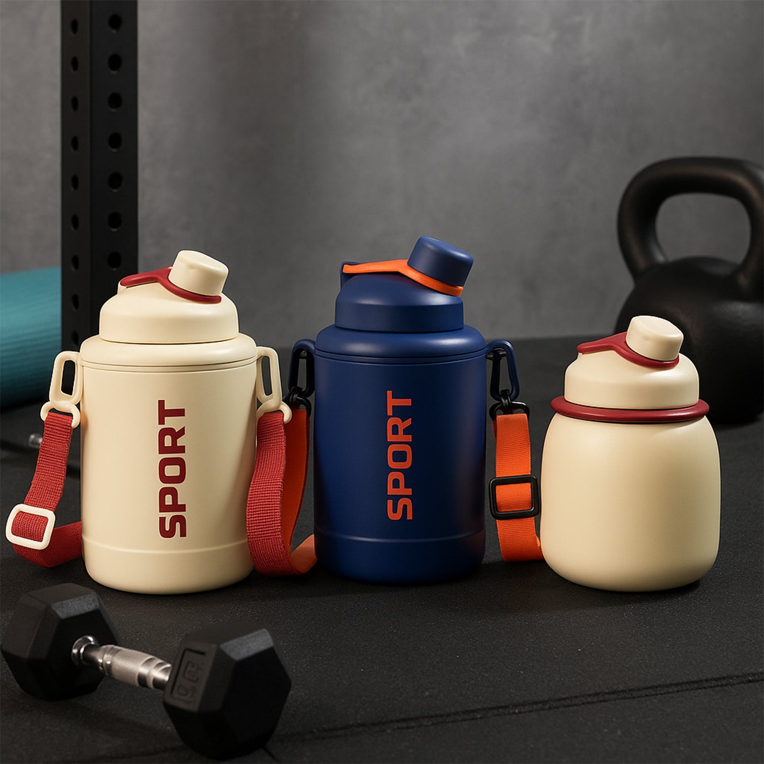 Wukusy sports vacuum bottle with shoulder strap, stylish mix design, ideal for outdoor activities and home improvement use