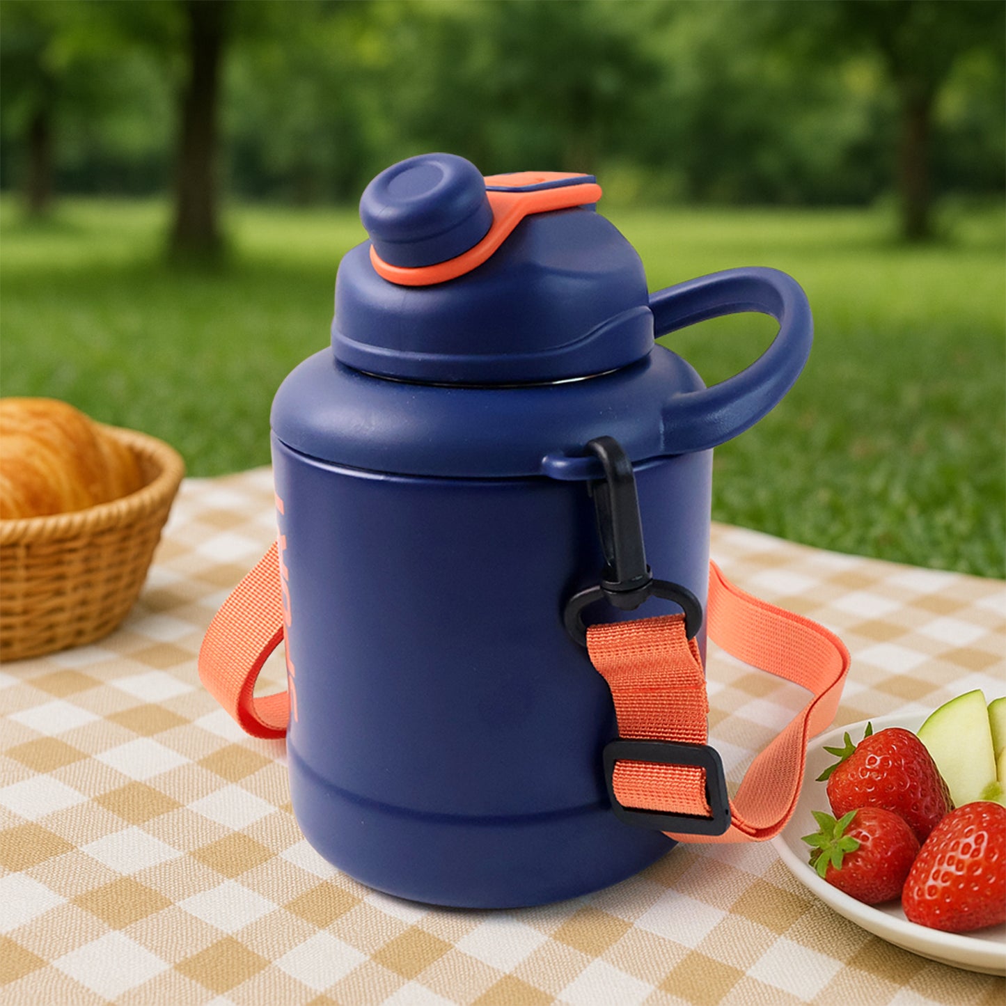 Wukusy sports vacuum bottle with shoulder strap, stylish mix design, ideal for outdoor activities and hydration.