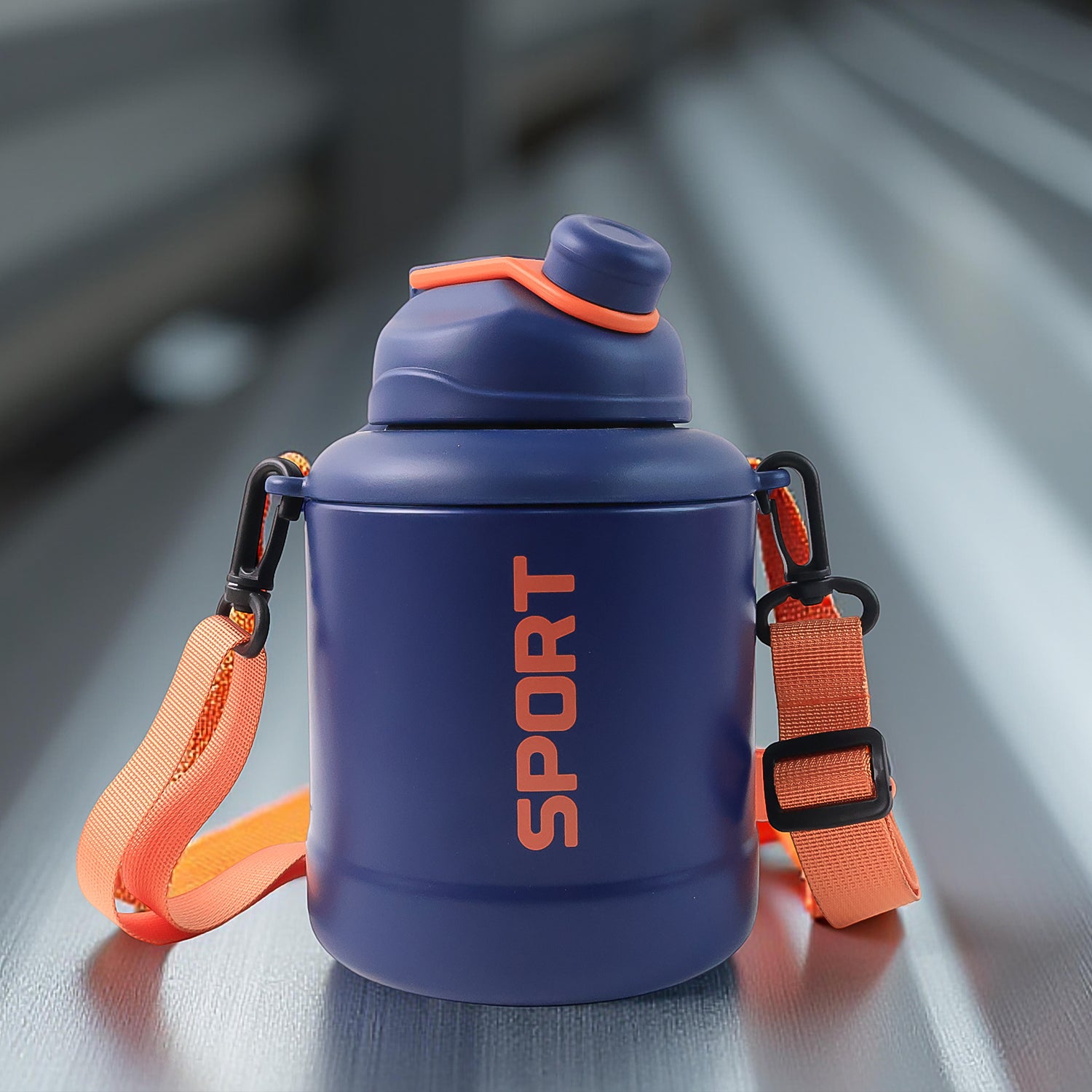 Wukusy sports vacuum bottle with shoulder strap, stylish mix design, ideal for outdoor activities and hydration on the go.