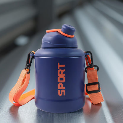 Wukusy sports vacuum bottle with shoulder strap, stylish mix design, ideal for outdoor activities and hydration on the go.