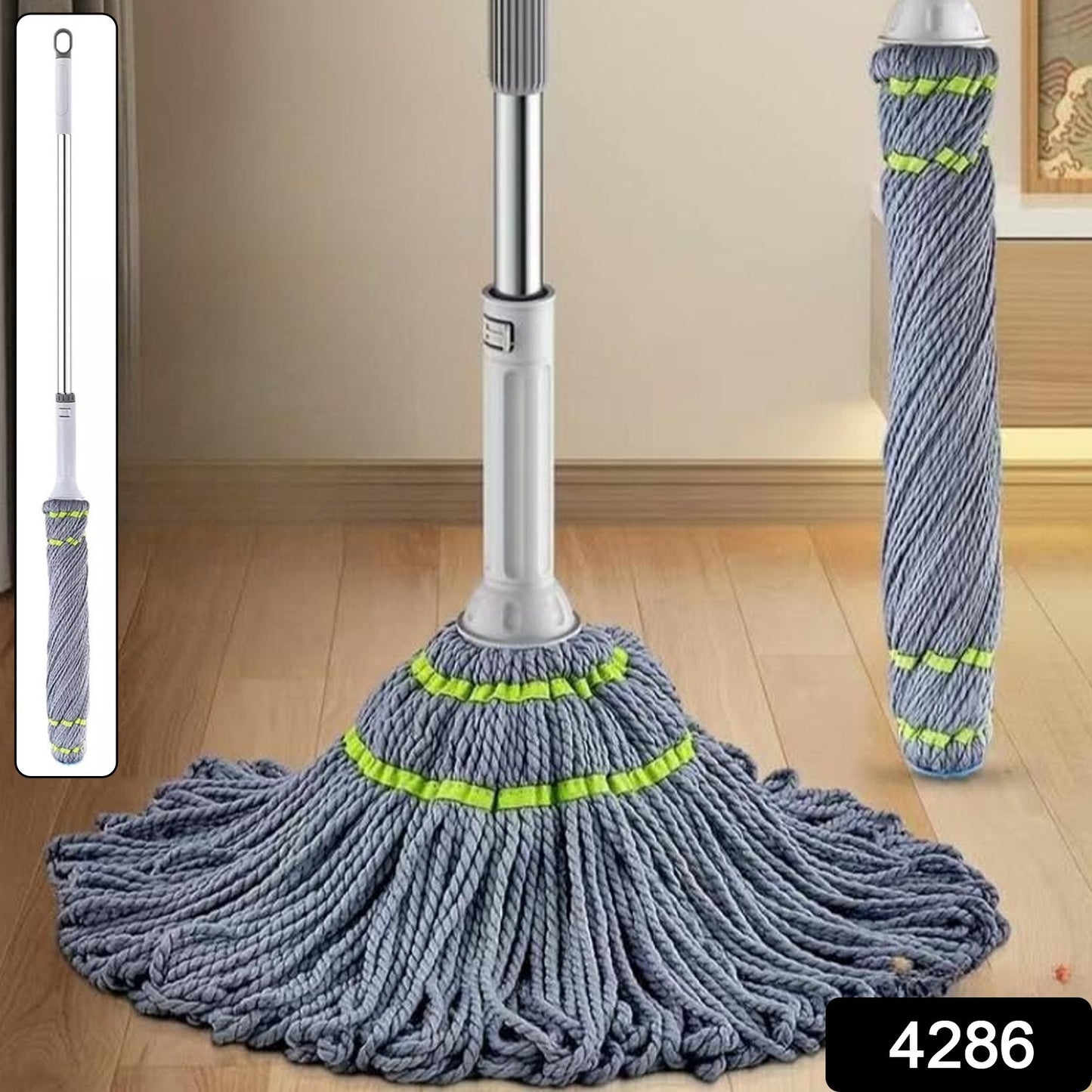 Wukusy Squeeze Twist Mop with stainless steel handle for easy self-wringing, ideal for home cleaning tasks.